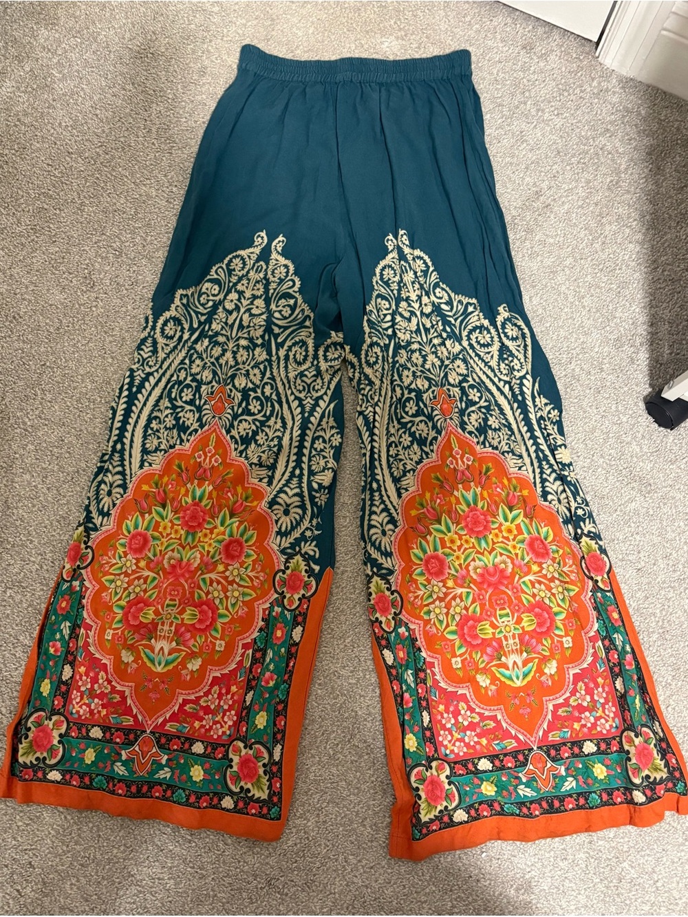 NATURAL LIFE Size Small Teal Wide-Leg Pants with Orange Floral Panels